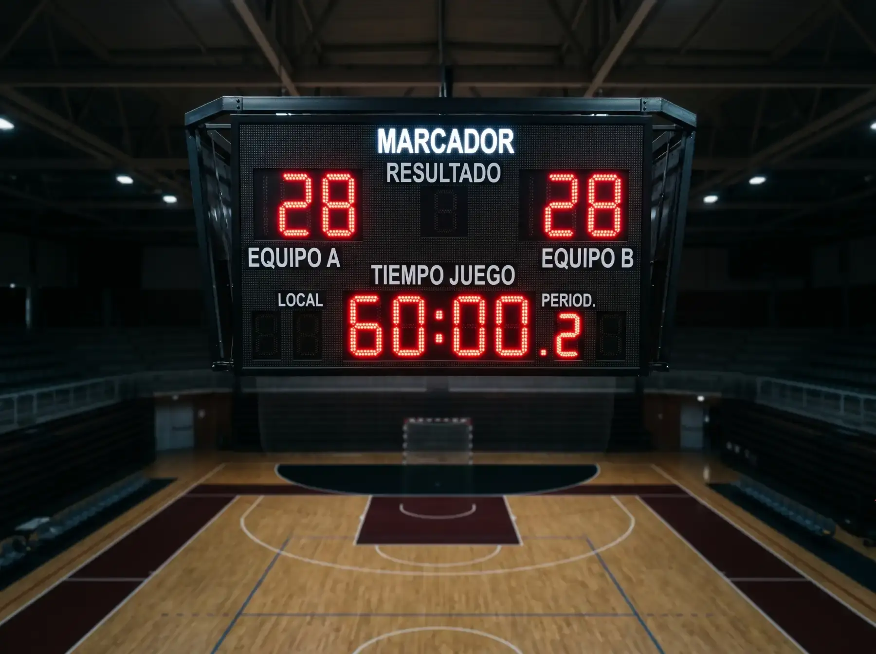 Marcador electrónico de balonmano mostrando un resultado igualado al final del partido en un pabellón