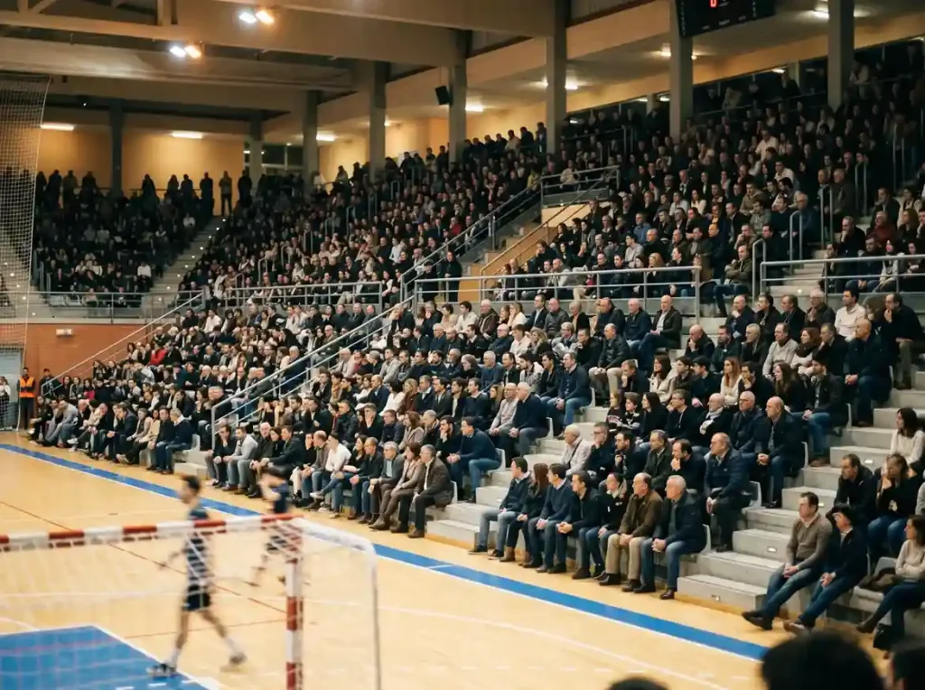 Gradas llenas de aficionados en un pabellón de balonmano profesional durante un partido en directo