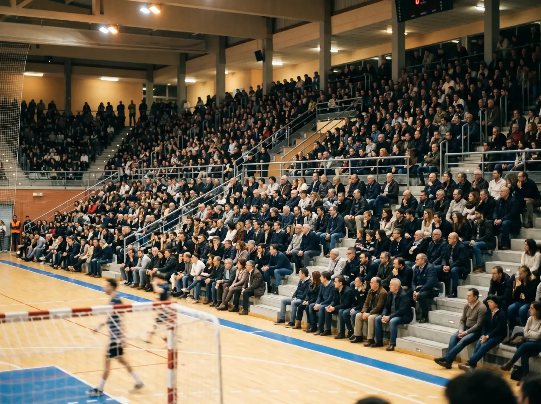 Gradas llenas de aficionados en un pabellón de balonmano profesional durante un partido en directo