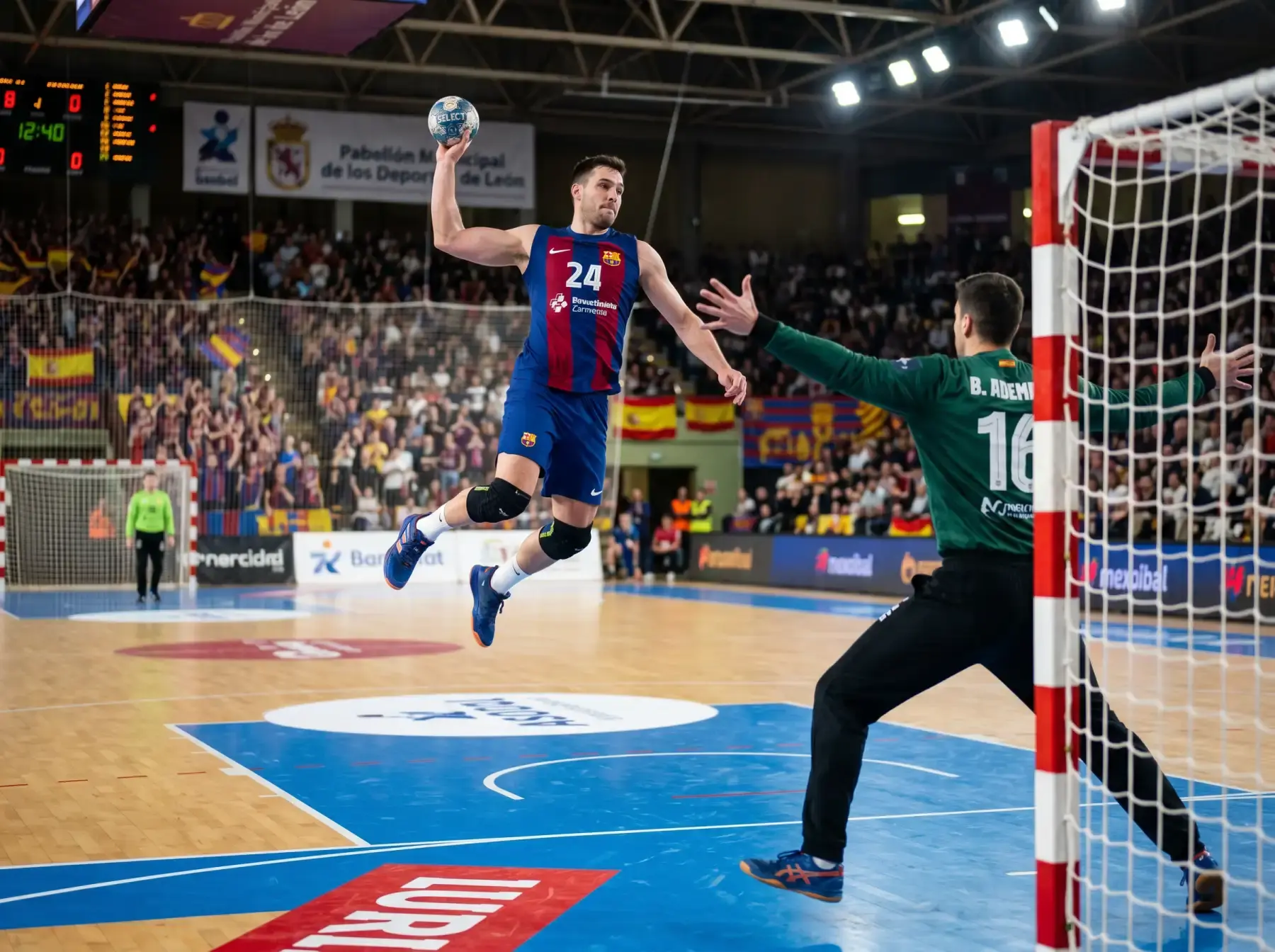 Jugador de balonmano de la Liga ASOBAL saltando para lanzar a puerta ante el portero en un pabellón español