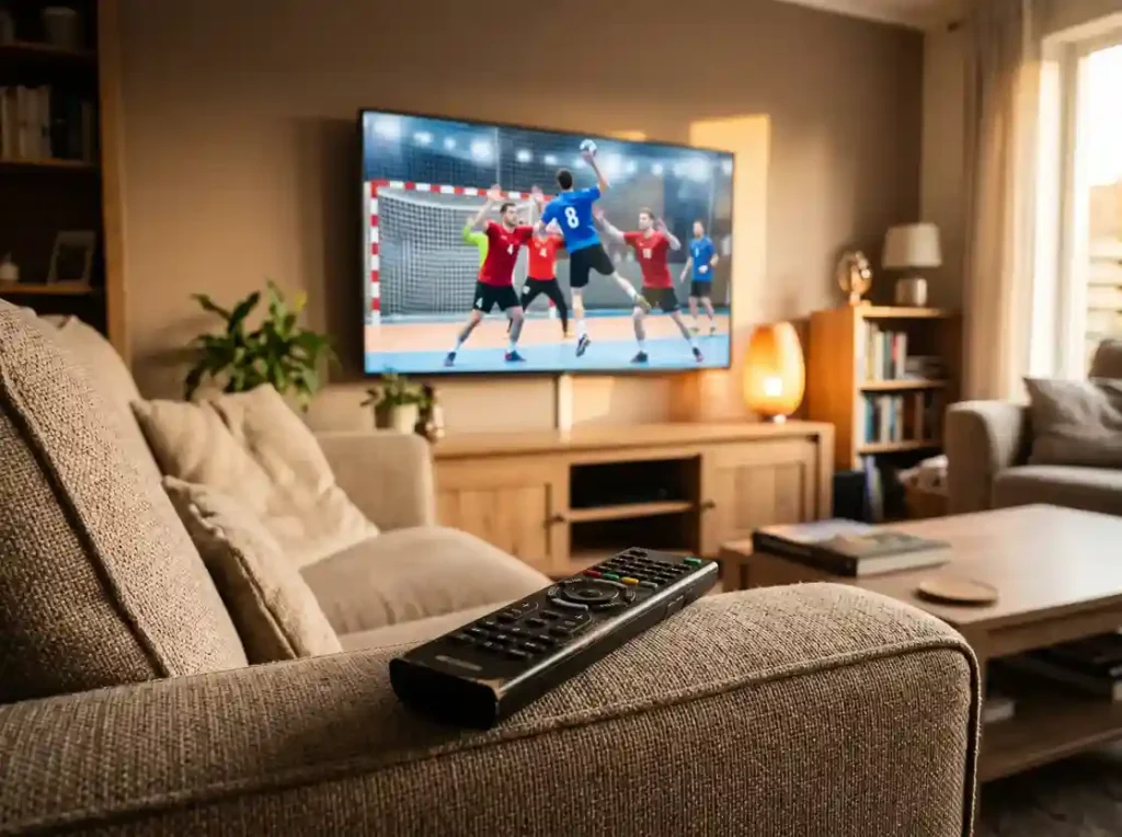 Mando a distancia apoyado sobre un sofá frente a una televisión encendida con un partido de balonmano profesional
