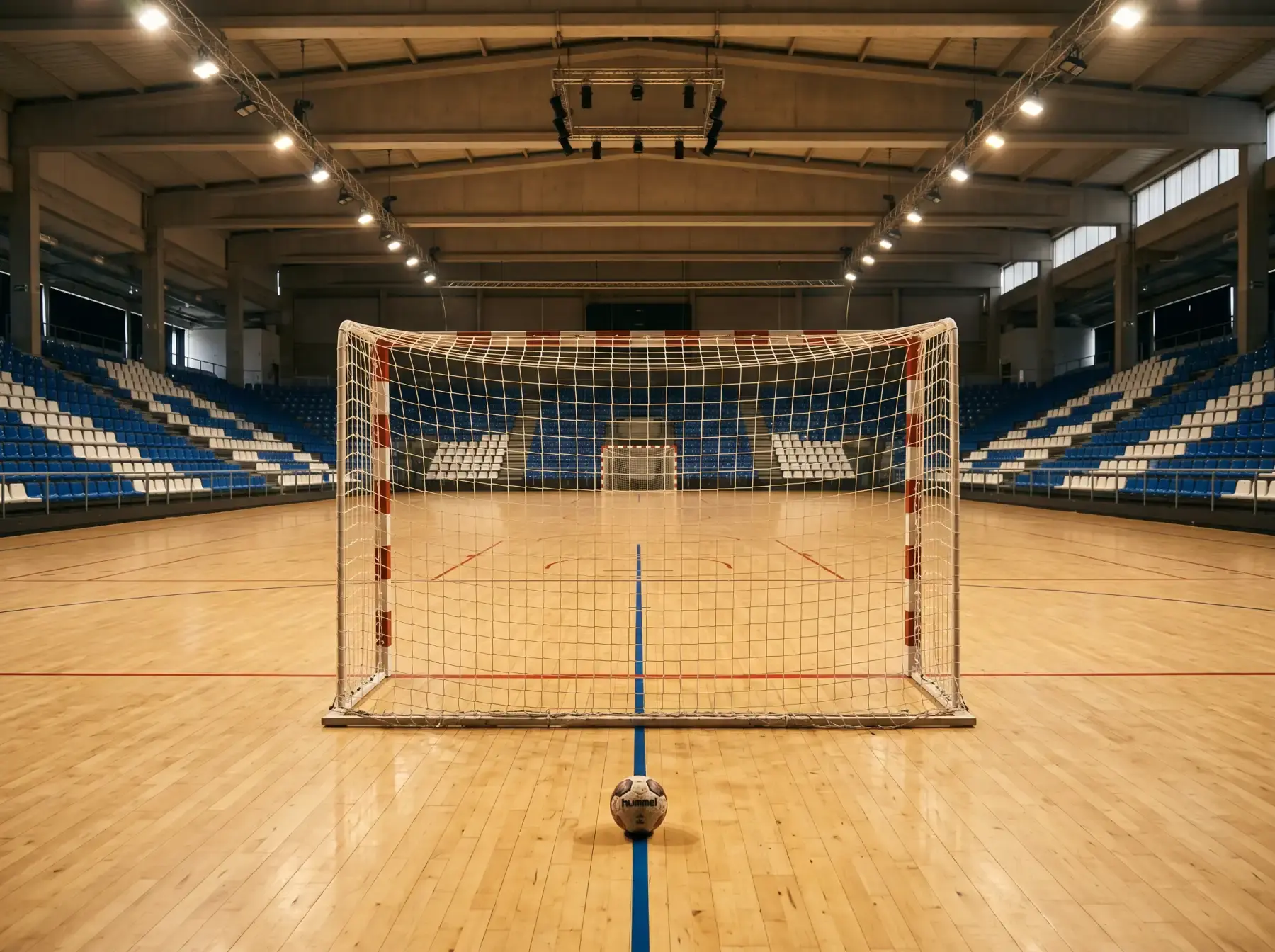 Pabellón de balonmano de la Liga ASOBAL vacío antes del partido con el balón sobre la línea central
