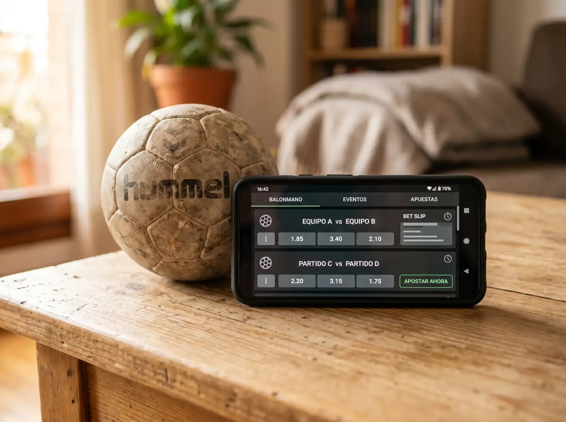 Teléfono móvil mostrando una interfaz neutra de apuestas deportivas junto a un balón de balonmano sobre una mesa