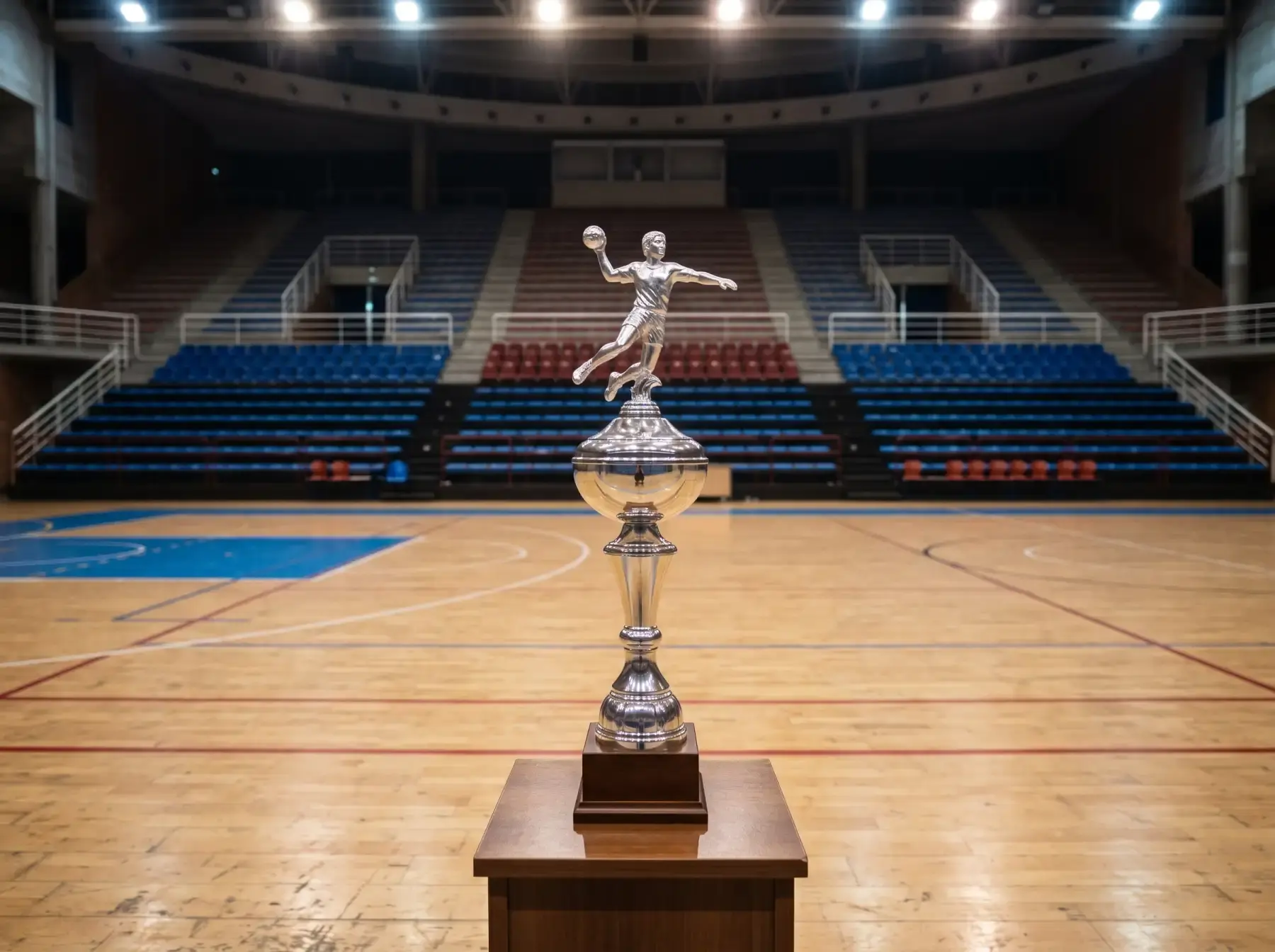 Trofeo plateado genérico de balonmano sobre un pedestal en el centro de un pabellón profesional iluminado