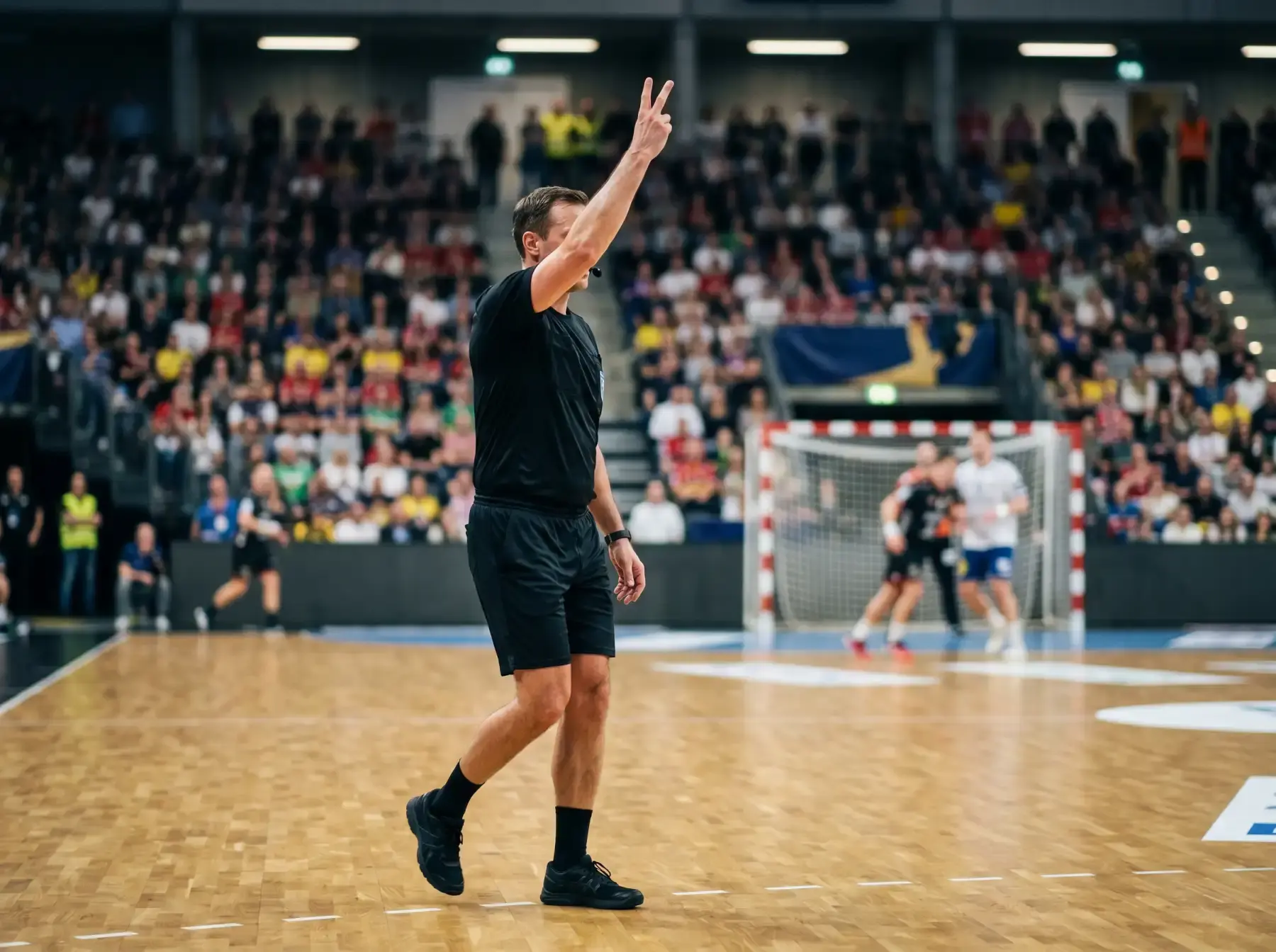 Árbitro de balonmano mostrando la señal reglamentaria de exclusión de 2 minutos durante un partido profesional