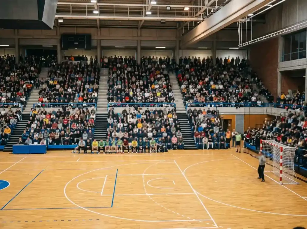 Gradas de un pabellón de balonmano profesional llenas de aficionados con el parqué iluminado en primer plano