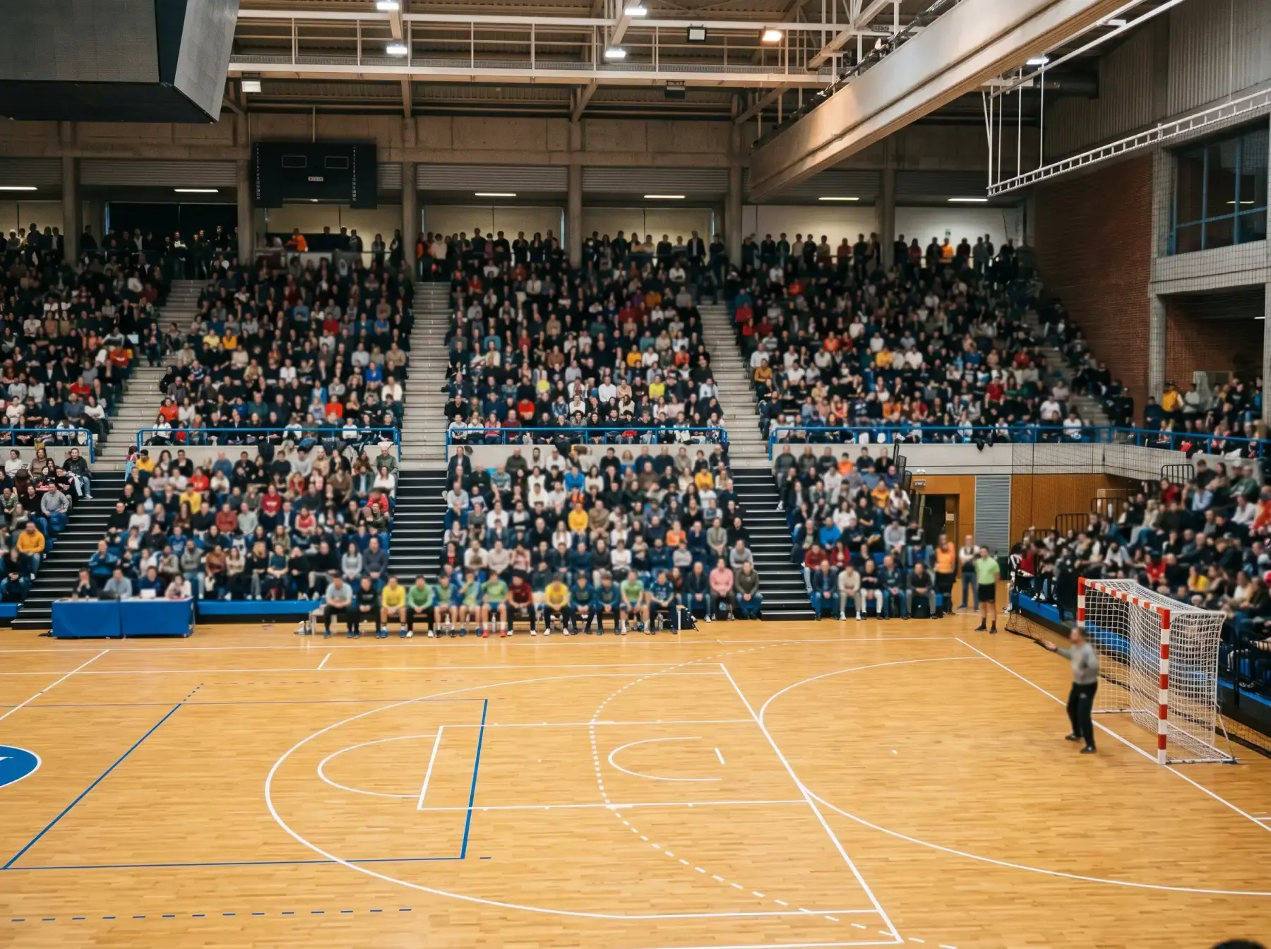 Gradas de un pabellón de balonmano profesional llenas de aficionados con el parqué iluminado en primer plano