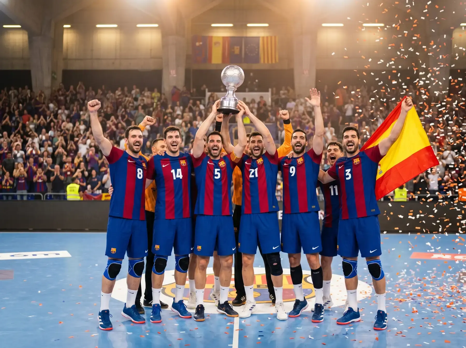 Equipo de balonmano profesional celebrando el título de campeón de la Liga ASOBAL con el trofeo