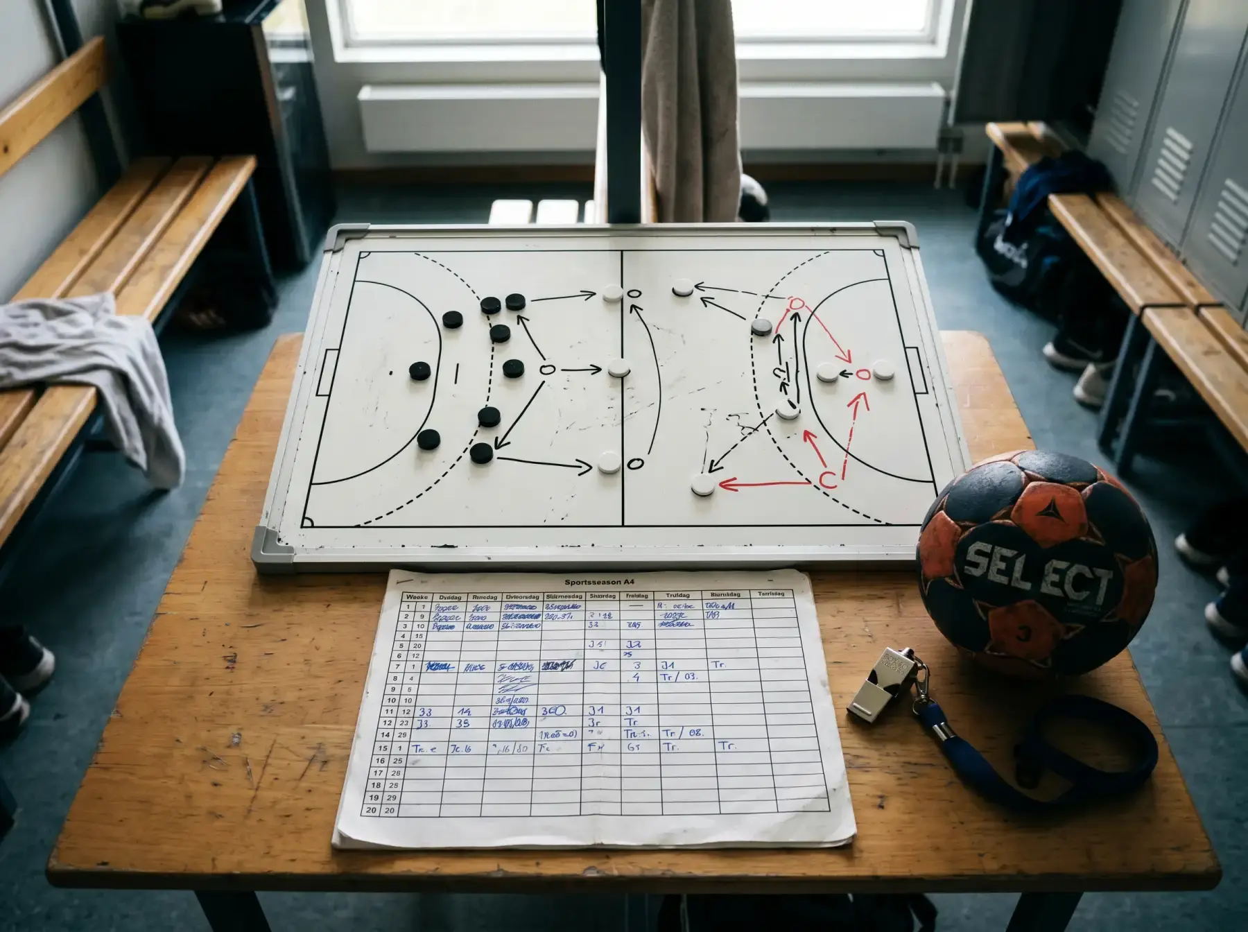 Pizarra táctica de balonmano con un calendario deportivo impreso y un balón sobre una mesa de entrenador
