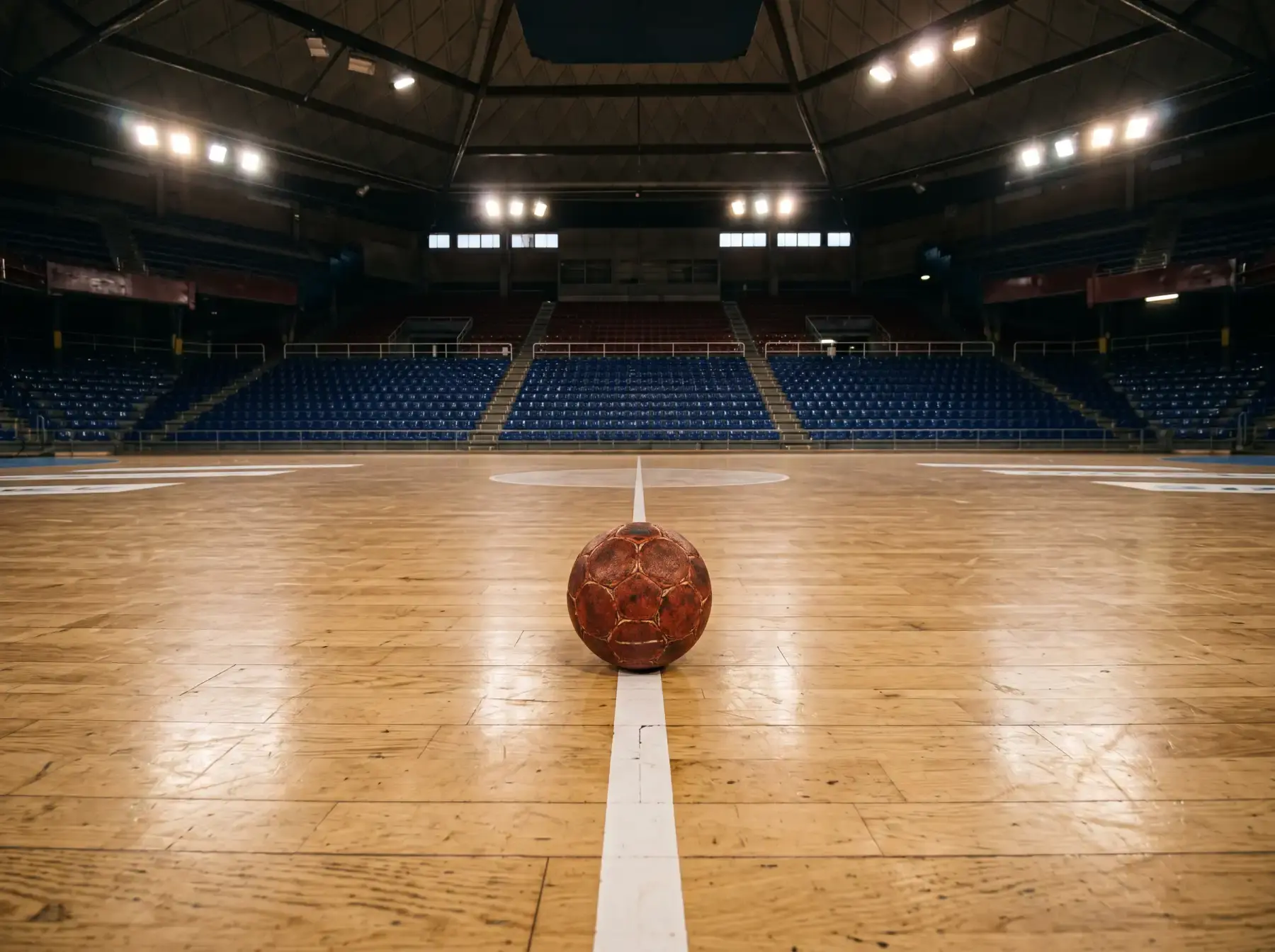 Balón de balonmano sobre la línea central de un pabellón profesional con marcas reglamentarias visibles