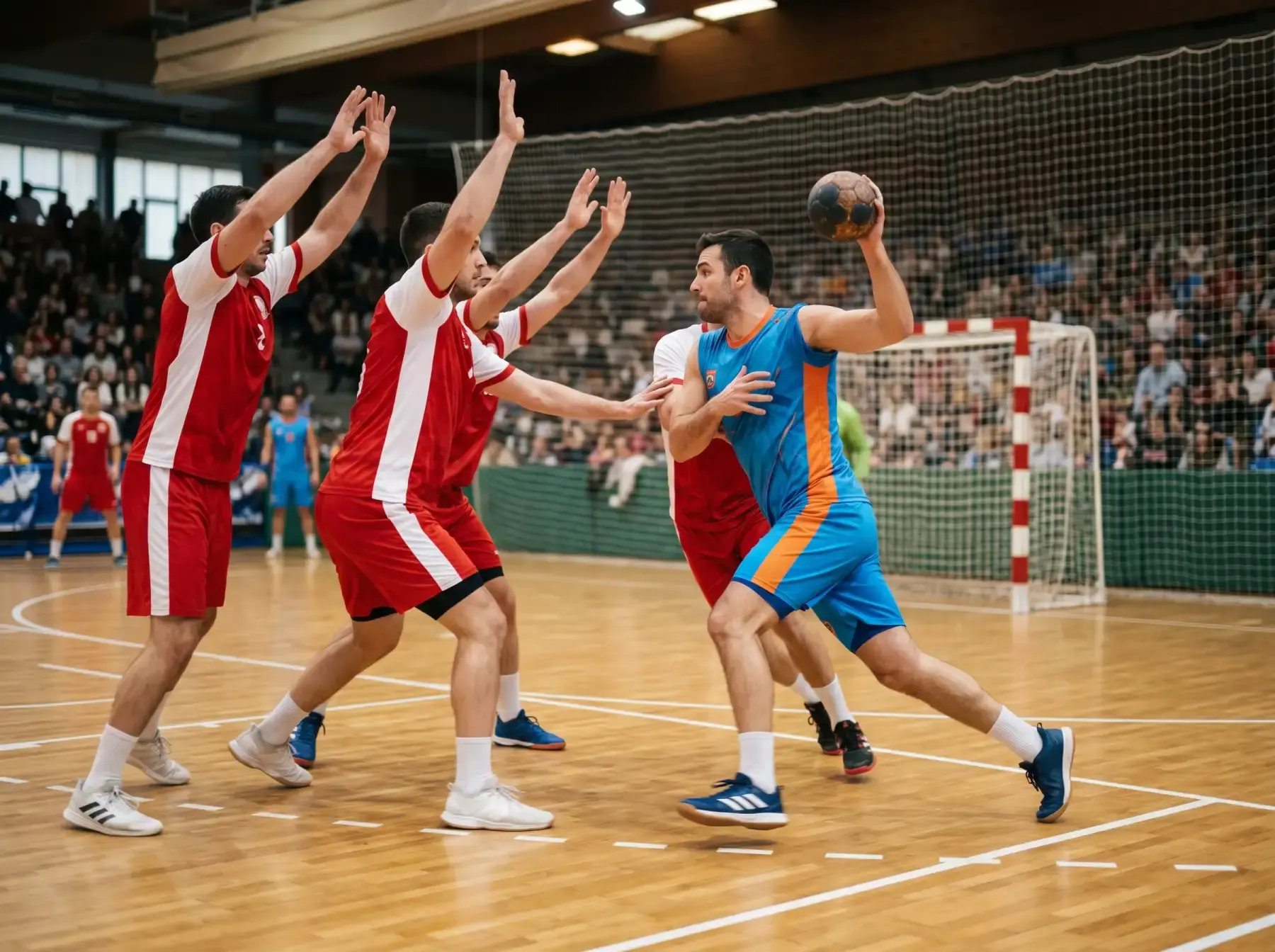 Jugador de balonmano rompiendo la muralla defensiva en la línea de 6 metros en un partido de la Liga ASOBAL