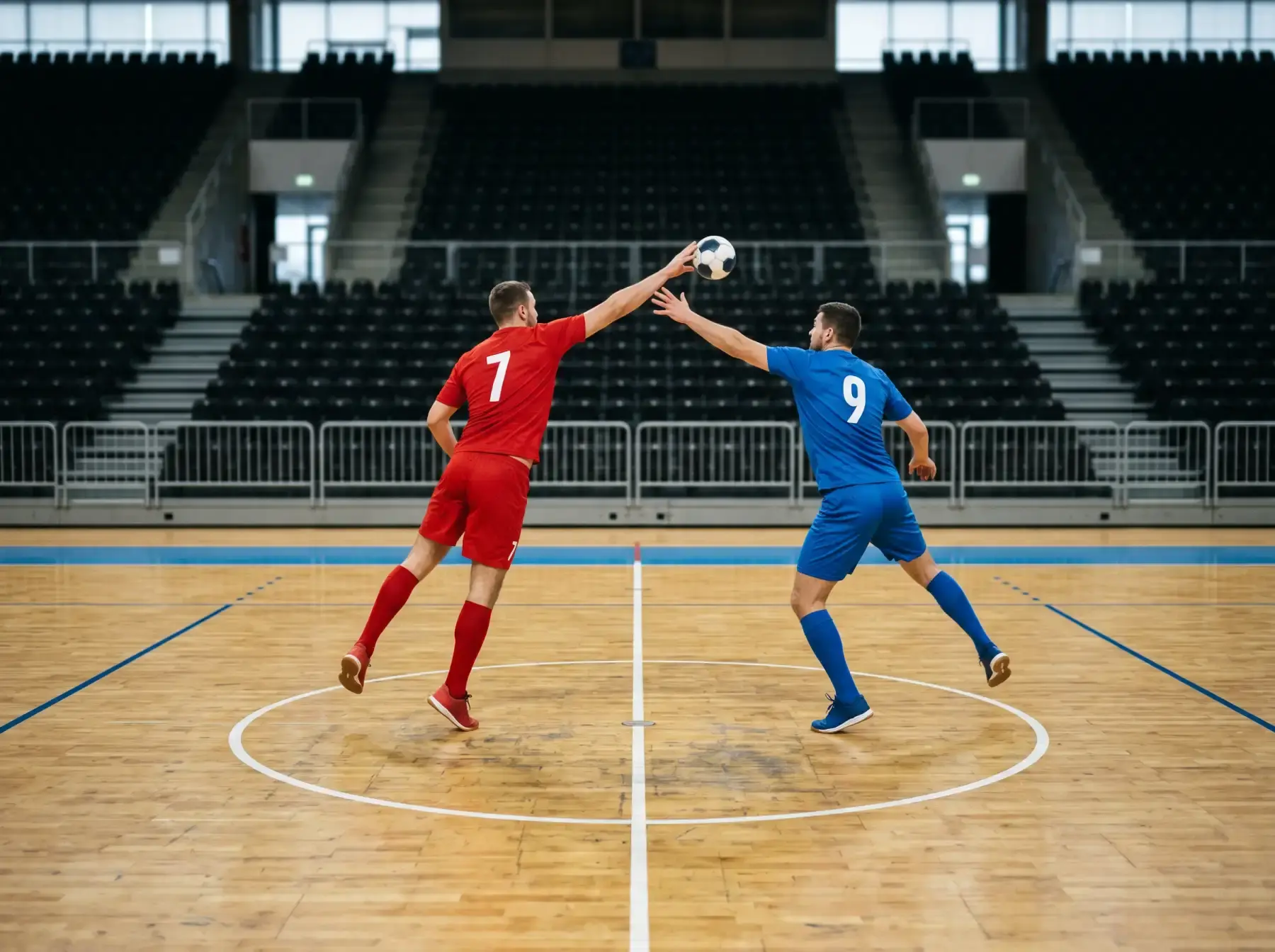 Dos jugadores de balonmano disputando un balón en el centro del pabellón en el saque inicial de un partido