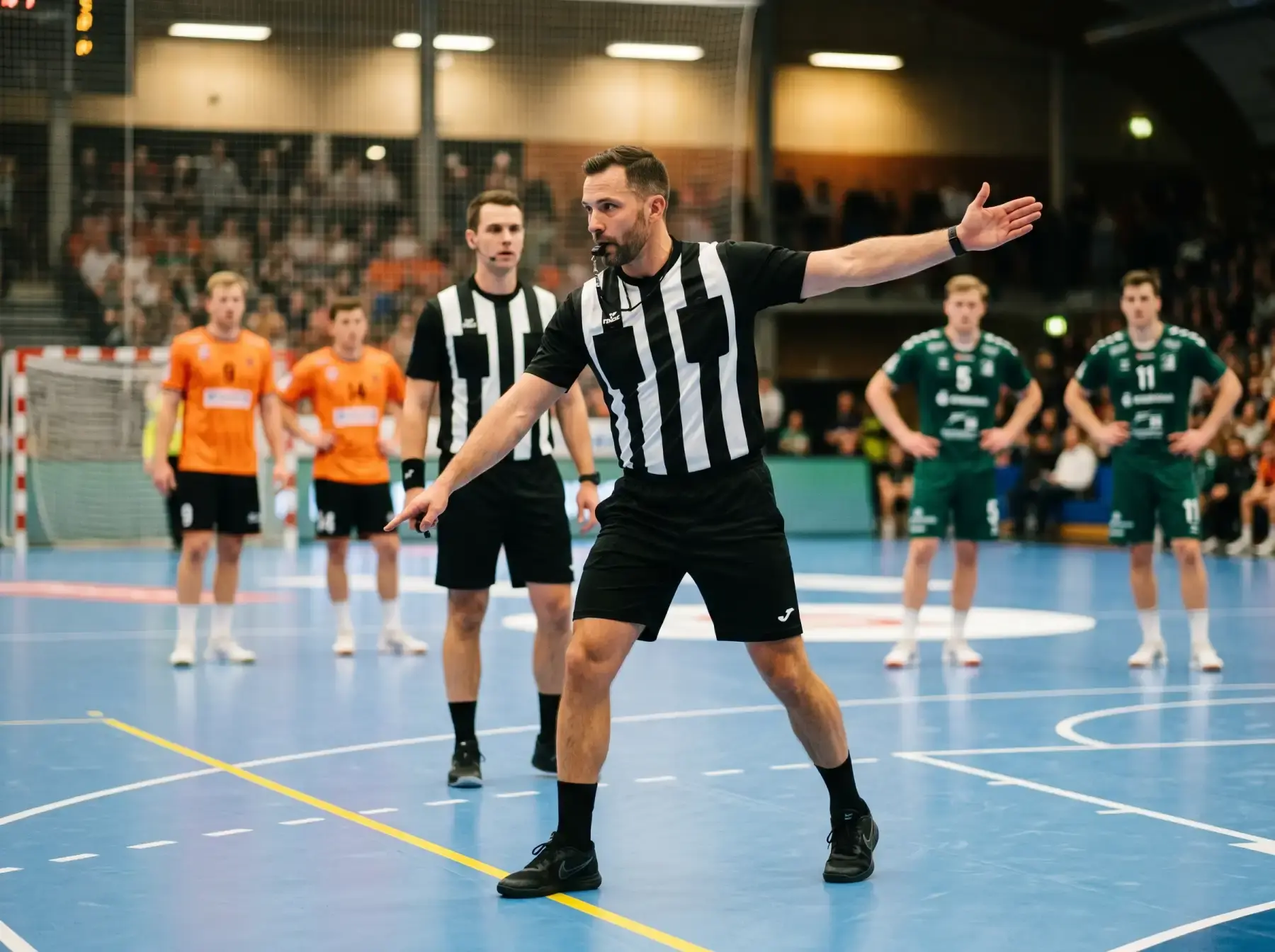 Árbitro de balonmano señalando una decisión durante un partido profesional de la Liga ASOBAL