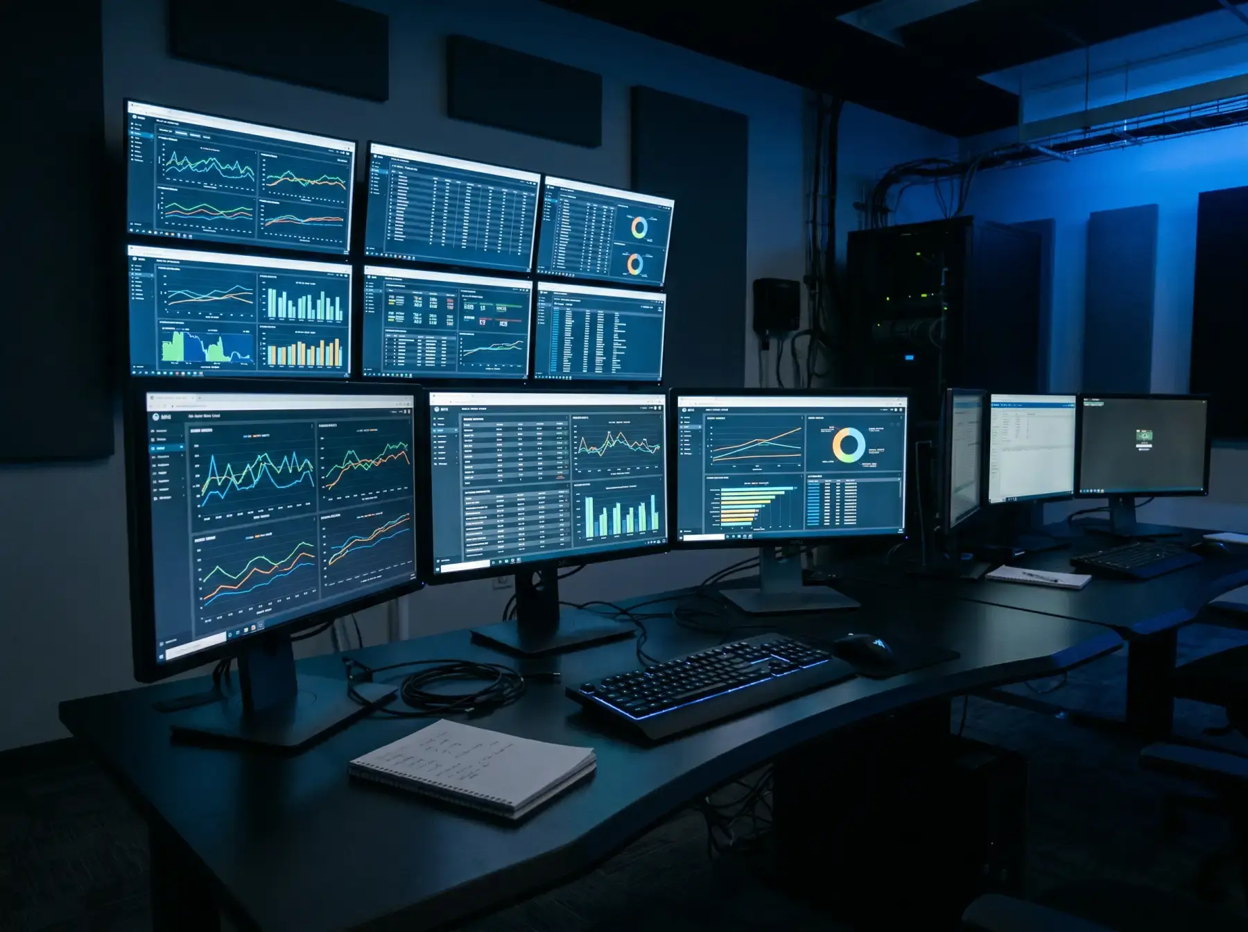 Sala de control con varios monitores mostrando gráficas deportivas genéricas de análisis de datos