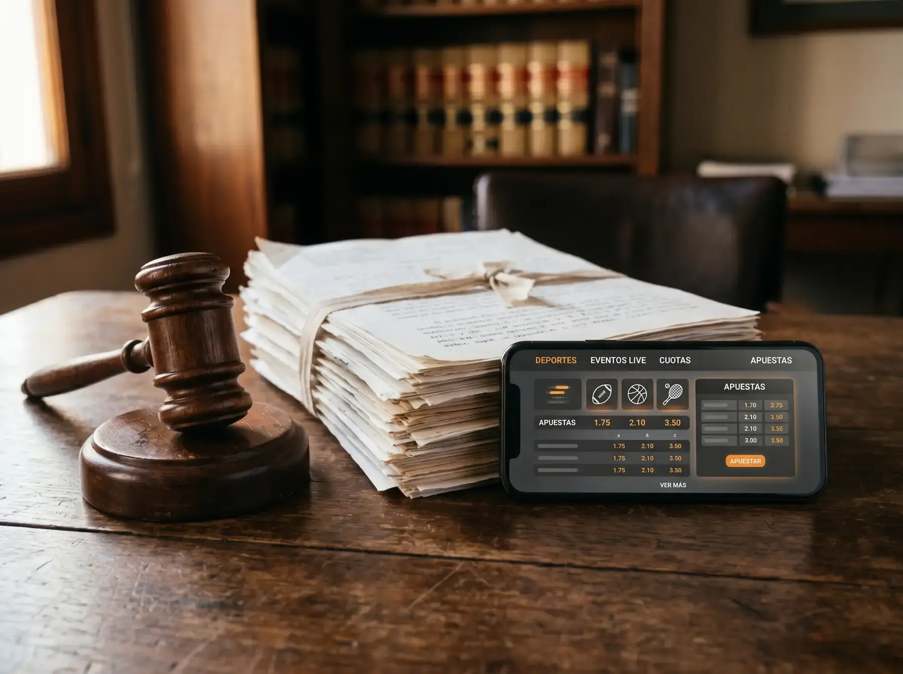 Mazo de juez sobre documentos legales con un teléfono móvil mostrando una interfaz neutral de apuestas deportivas