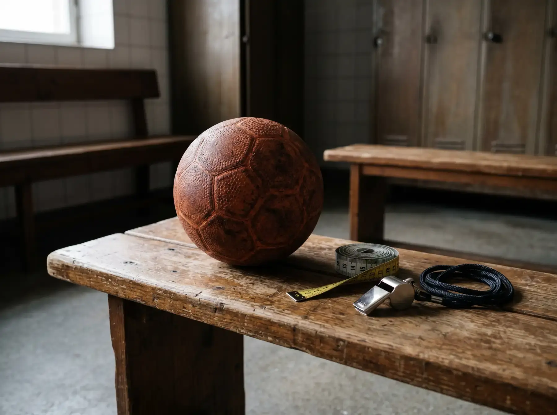 Balón de balonmano de entrenamiento sobre un banco de vestuario con una cinta métrica y un silbato
