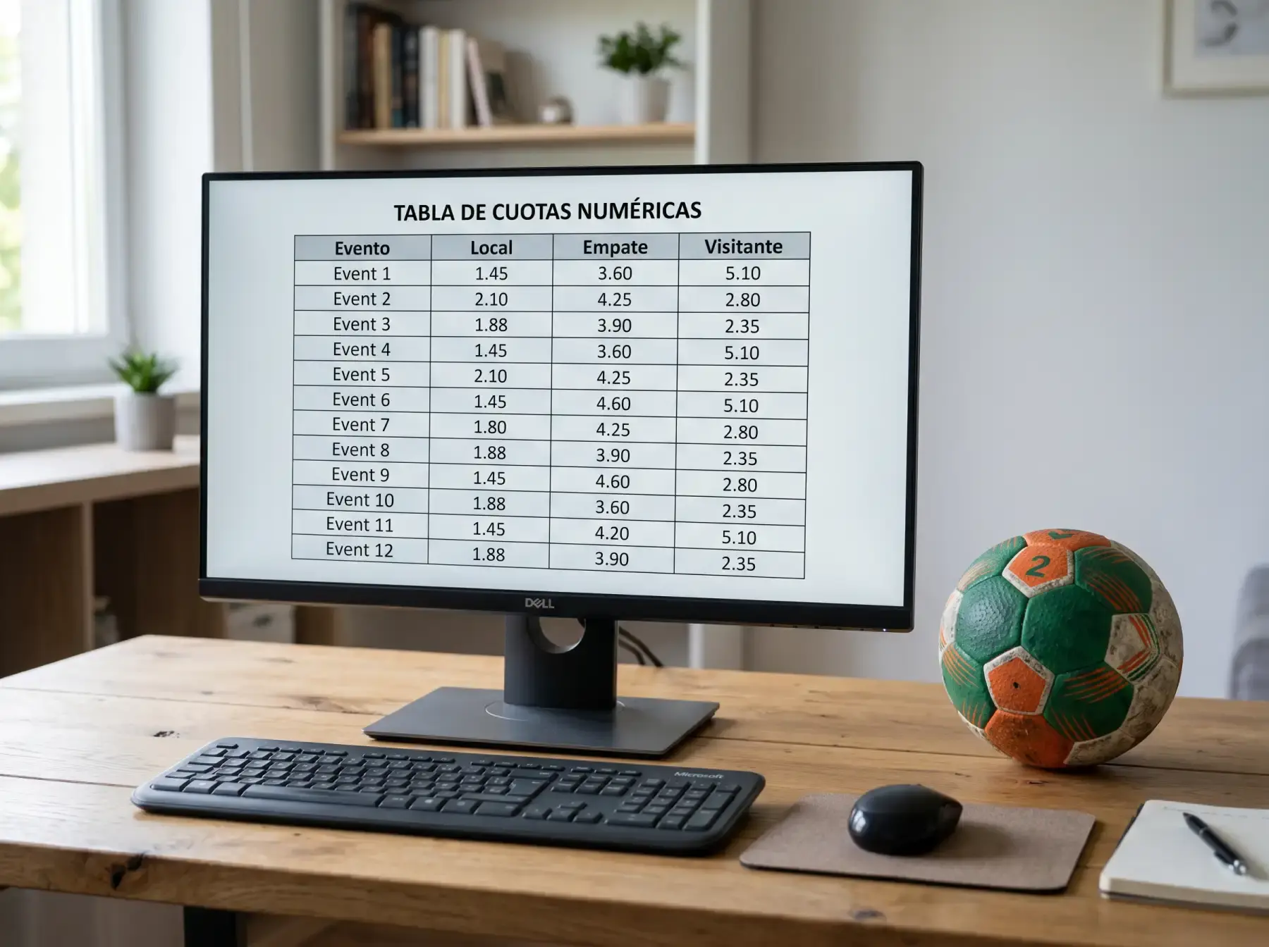 Pantalla de ordenador mostrando una tabla neutra de cuotas deportivas numéricas junto a un balón de balonmano
