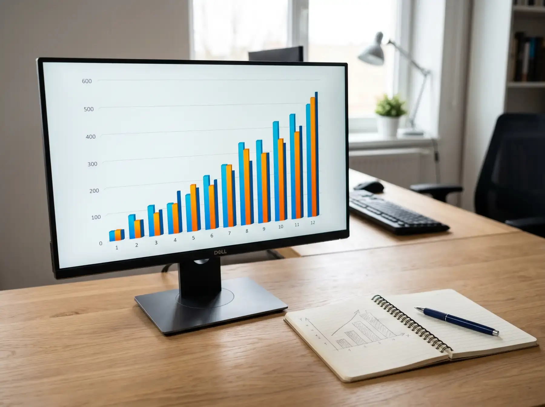 Pantalla de ordenador mostrando un gráfico de barras genérico con evolución ascendente sobre una mesa de oficina