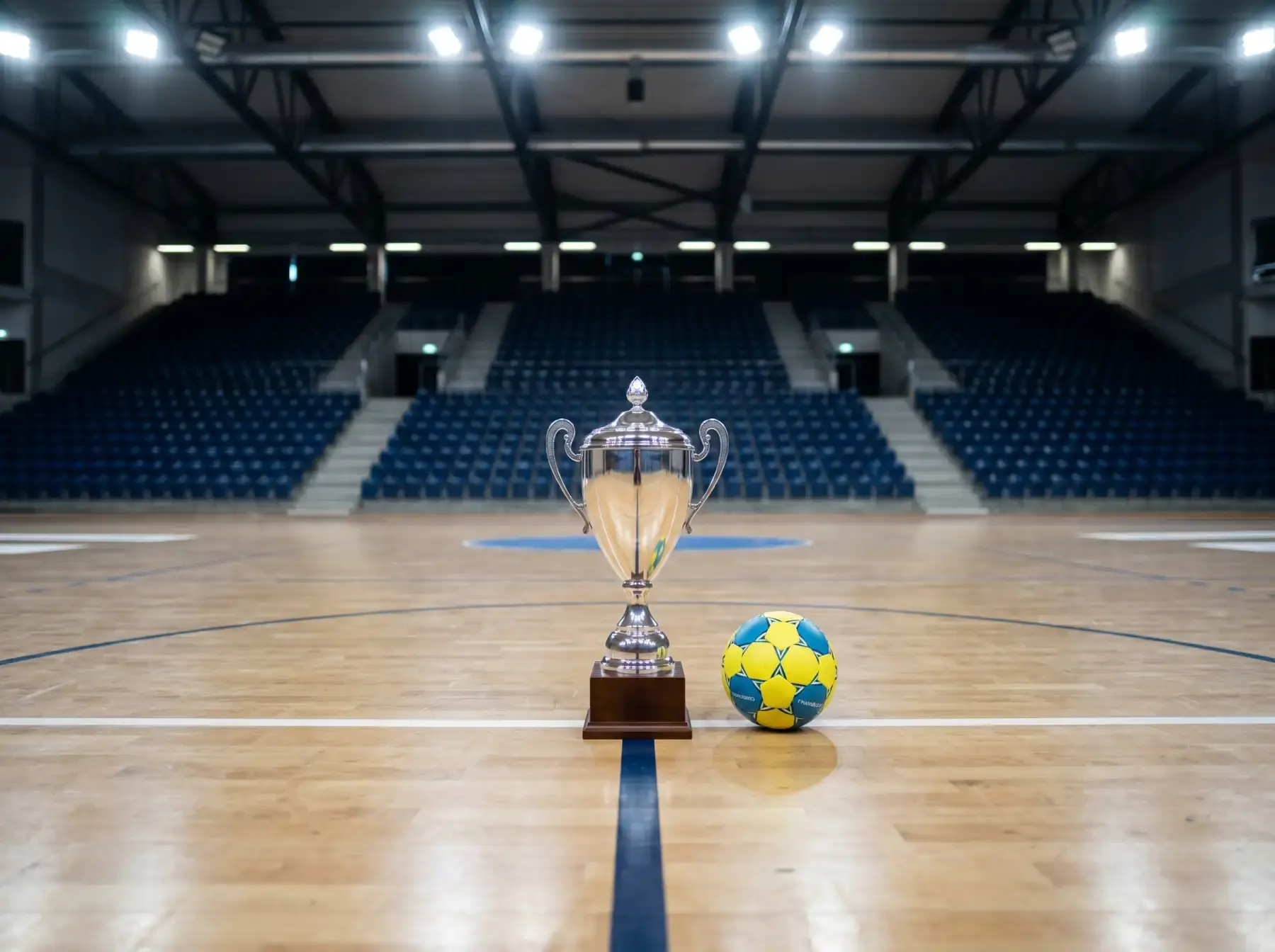 Trofeo genérico de balonmano sobre un pedestal junto a un balón reglamentario en un pabellón deportivo