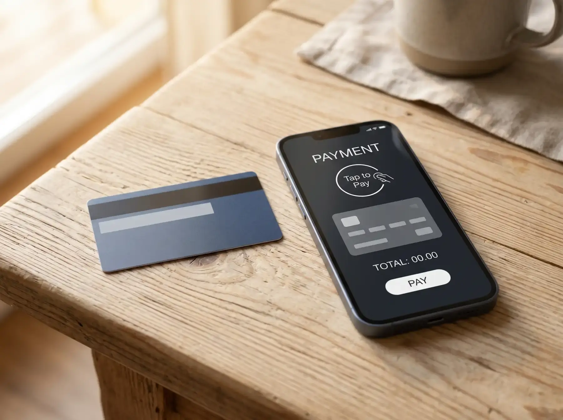 Tarjeta bancaria genérica junto a un teléfono móvil con interfaz neutra de pago sobre una mesa de despacho
