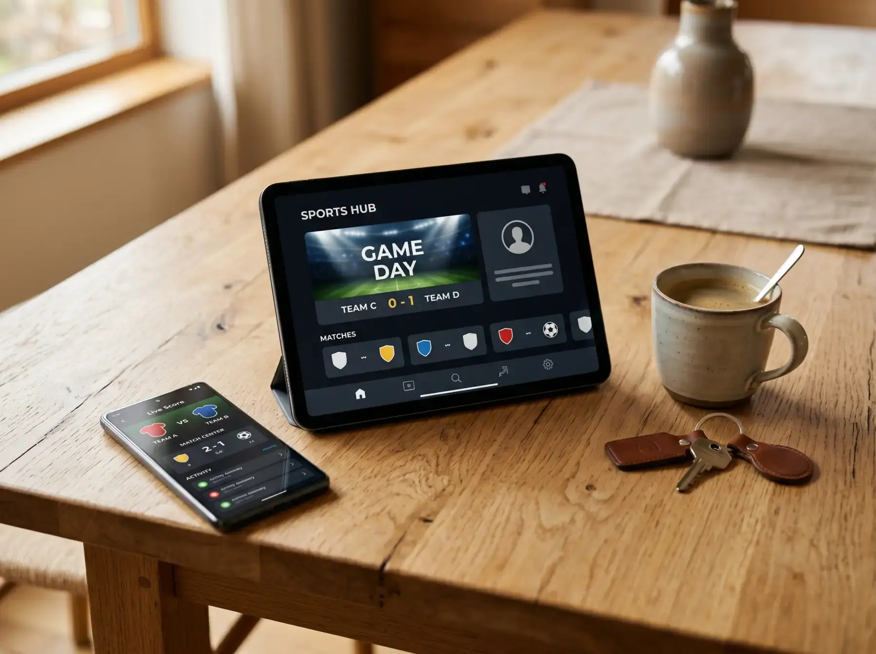 Teléfono móvil y tableta sobre una mesa con interfaces neutras de aplicaciones deportivas