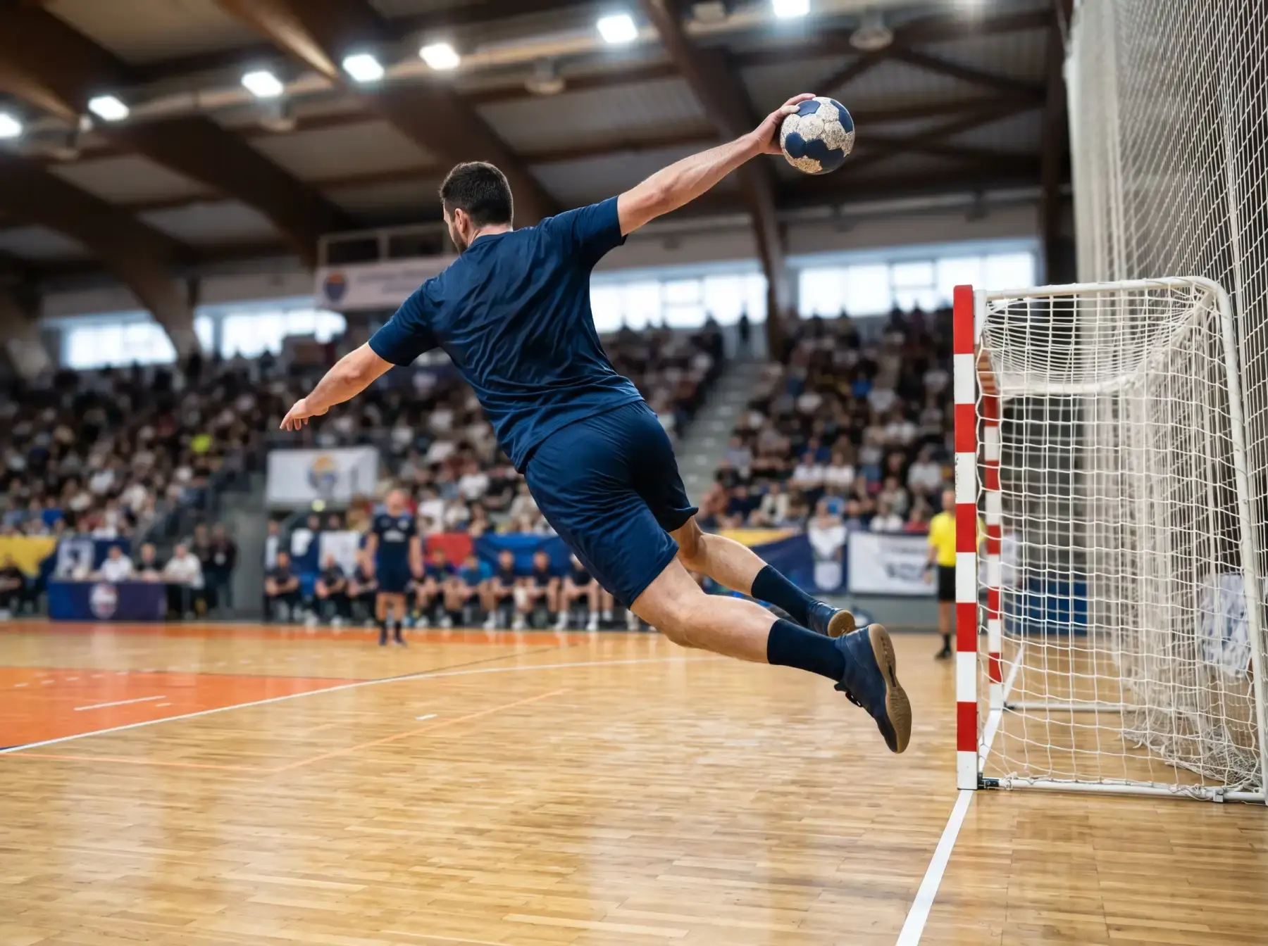 Jugador de balonmano lanzando en suspensión hacia la portería en un pabellón profesional
