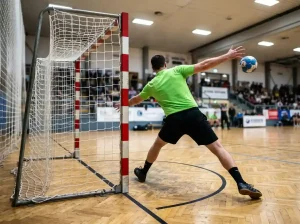 Portero de balonmano desviando el balón con la mano frente a su portería en un partido profesional
