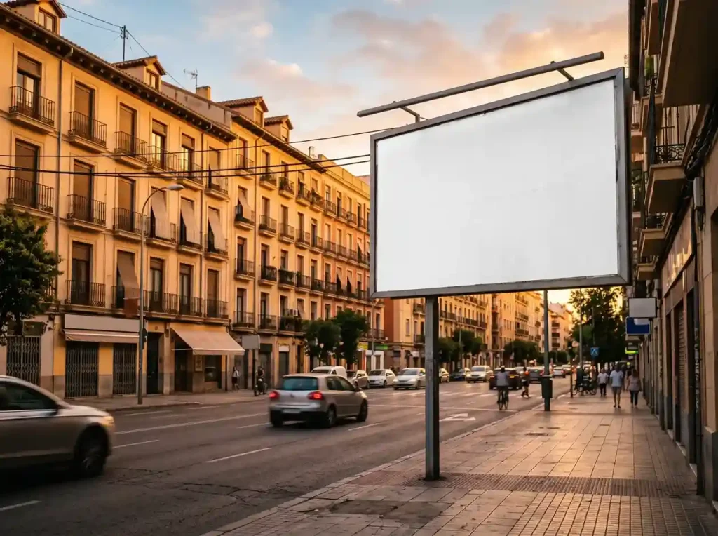 Valla publicitaria en blanco vista desde la calle en una ciudad española al atardecer