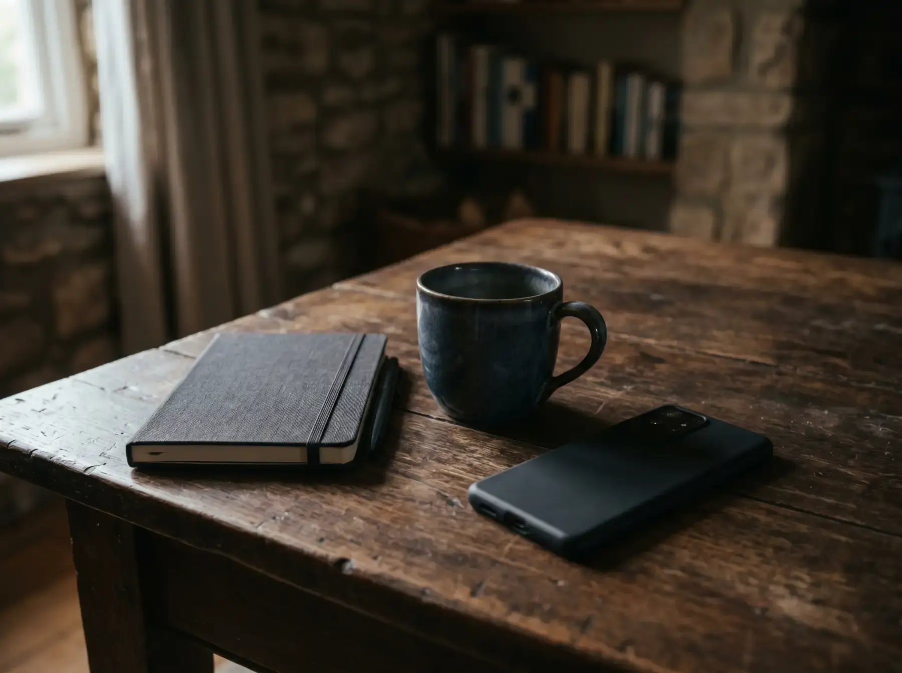 Teléfono móvil apagado boca abajo sobre una mesa junto a una taza de café en un ambiente sobrio