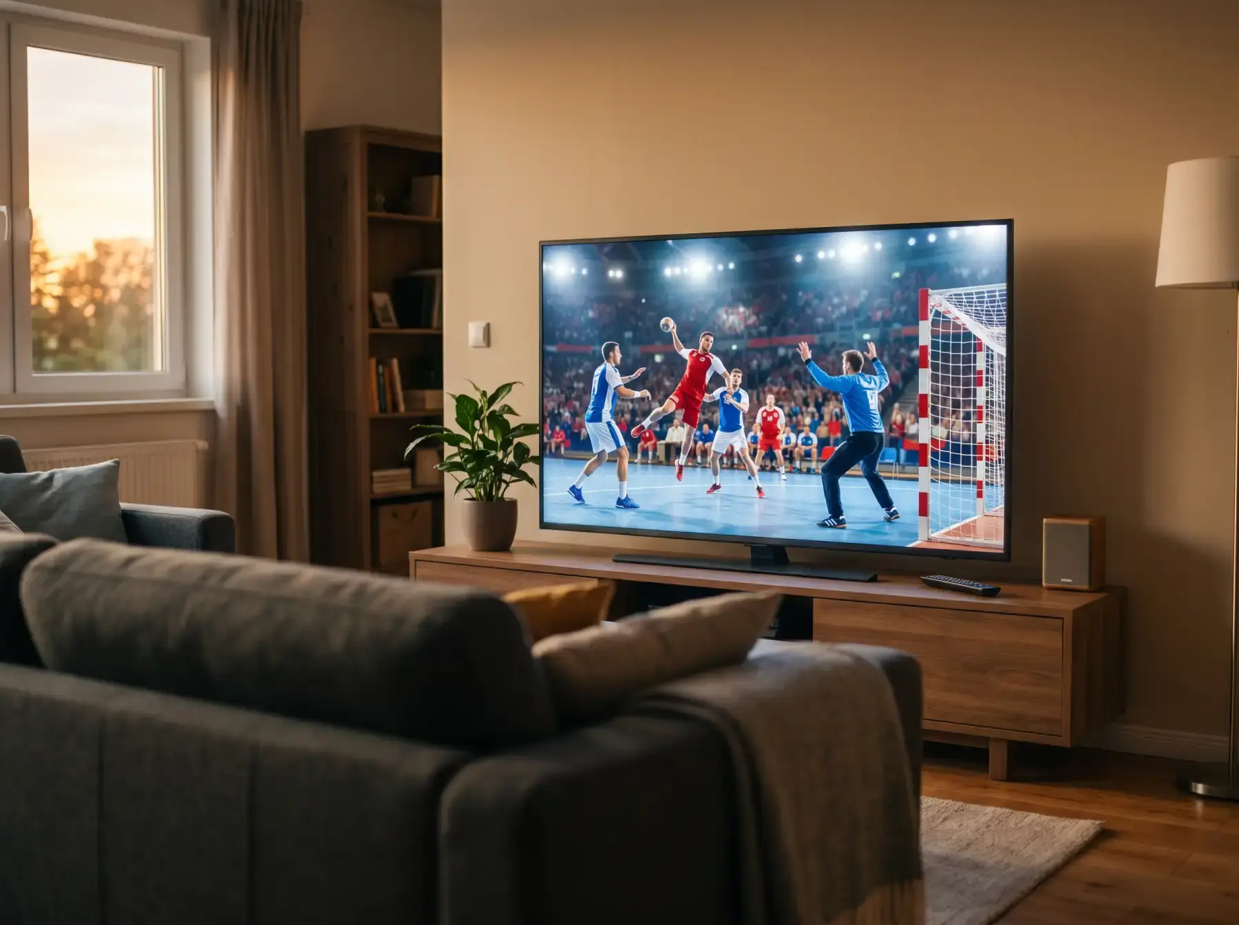 Televisión de salón mostrando un partido de balonmano profesional en un salón doméstico